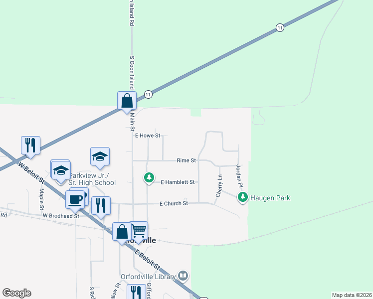 map of restaurants, bars, coffee shops, grocery stores, and more near 401 Comfortcove Street in Orfordville