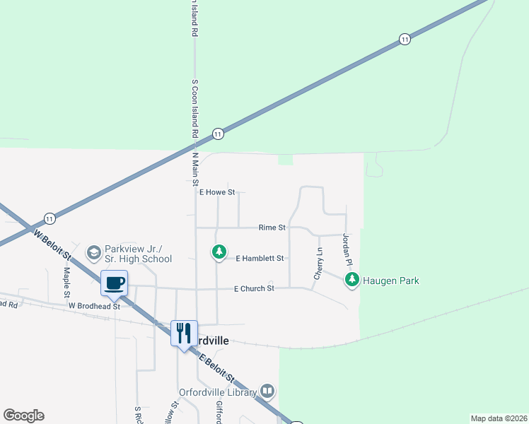 map of restaurants, bars, coffee shops, grocery stores, and more near 404 North Pine Street in Orfordville