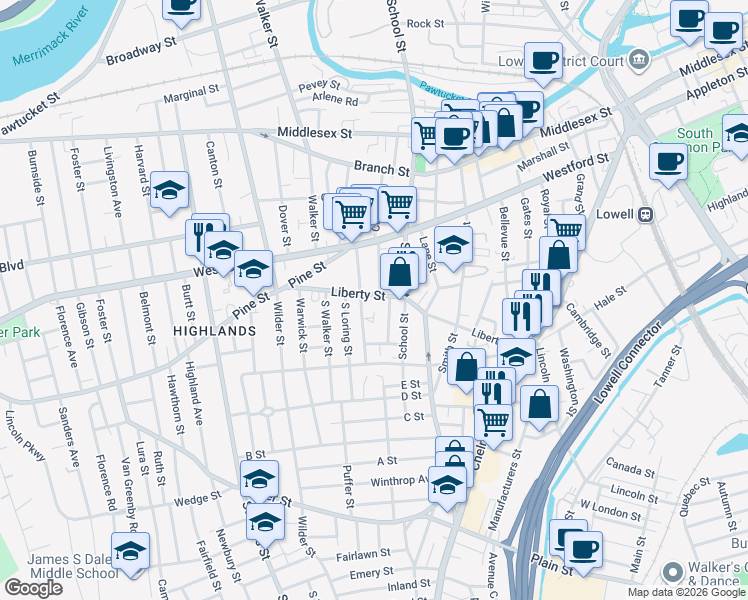 map of restaurants, bars, coffee shops, grocery stores, and more near 200 Liberty Street in Lowell