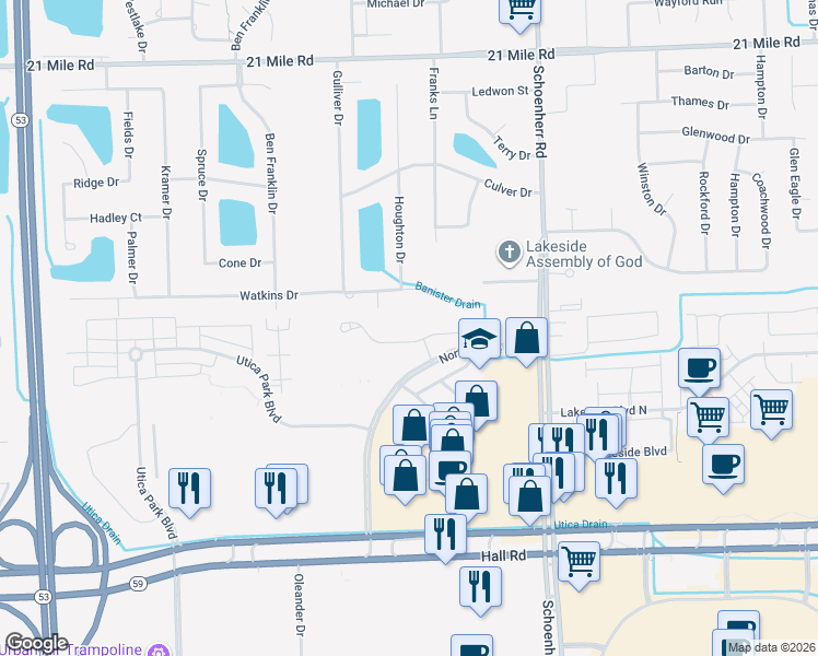map of restaurants, bars, coffee shops, grocery stores, and more near 12215 Hickory West in Utica