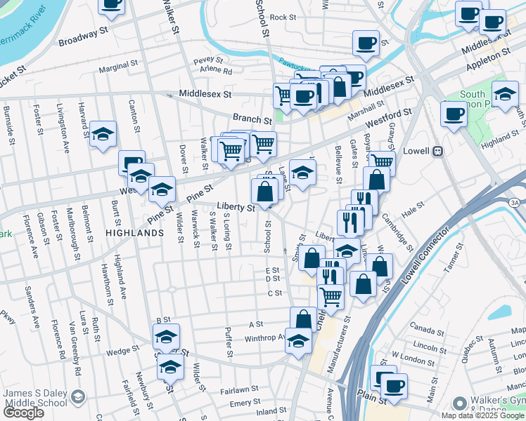 map of restaurants, bars, coffee shops, grocery stores, and more near 146 Liberty Street in Lowell