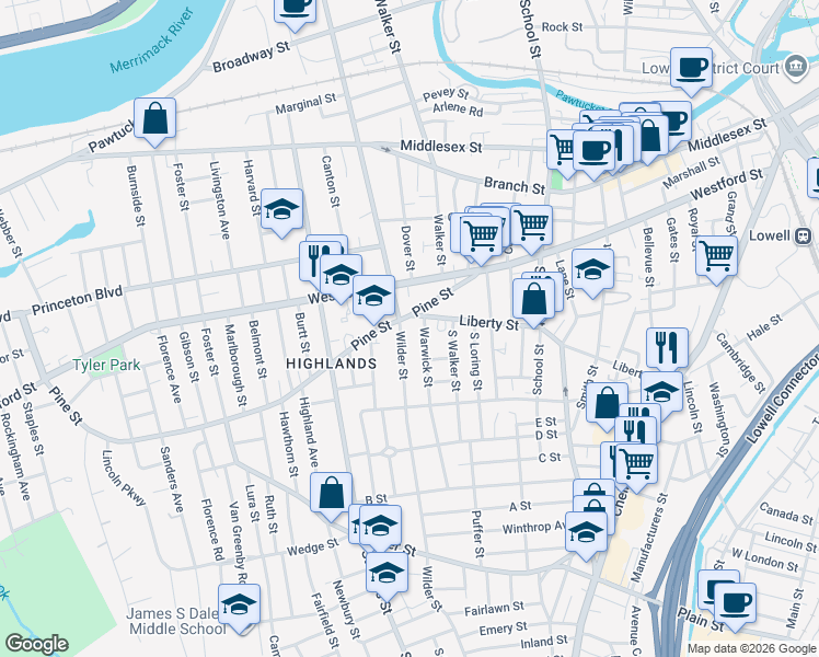 map of restaurants, bars, coffee shops, grocery stores, and more near 130 Pine Street in Lowell