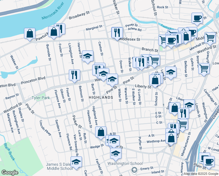 map of restaurants, bars, coffee shops, grocery stores, and more near 163 Pine Street in Lowell