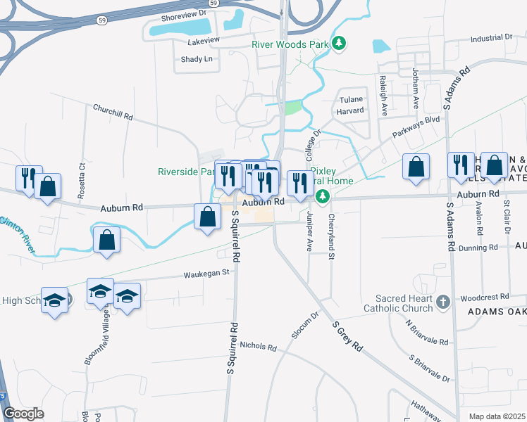 map of restaurants, bars, coffee shops, grocery stores, and more near 3381 Primary Street in Auburn Hills