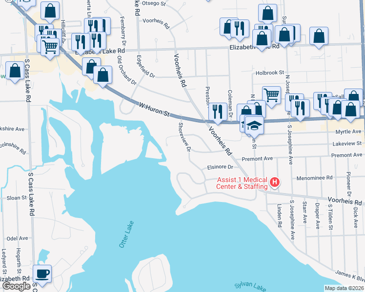 map of restaurants, bars, coffee shops, grocery stores, and more near 450 Shoreview Drive in Waterford Township