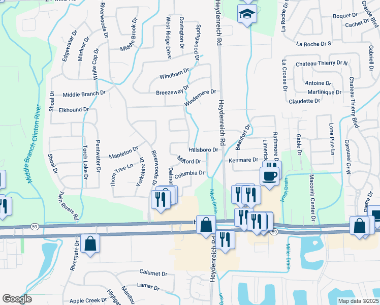 map of restaurants, bars, coffee shops, grocery stores, and more near 20473 Milford Drive in Macomb