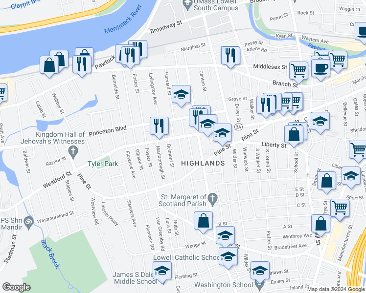 map of restaurants, bars, coffee shops, grocery stores, and more near 20 Robbins Street in Lowell