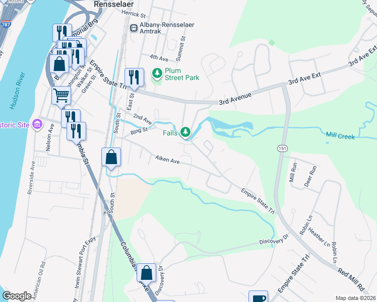 map of restaurants, bars, coffee shops, grocery stores, and more near 26 High Street in Rensselaer