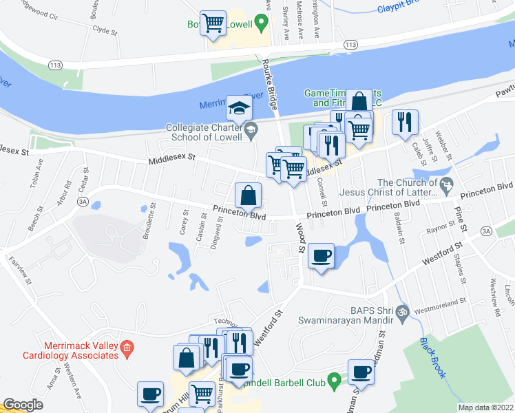 map of restaurants, bars, coffee shops, grocery stores, and more near 719 Princeton Boulevard in Lowell