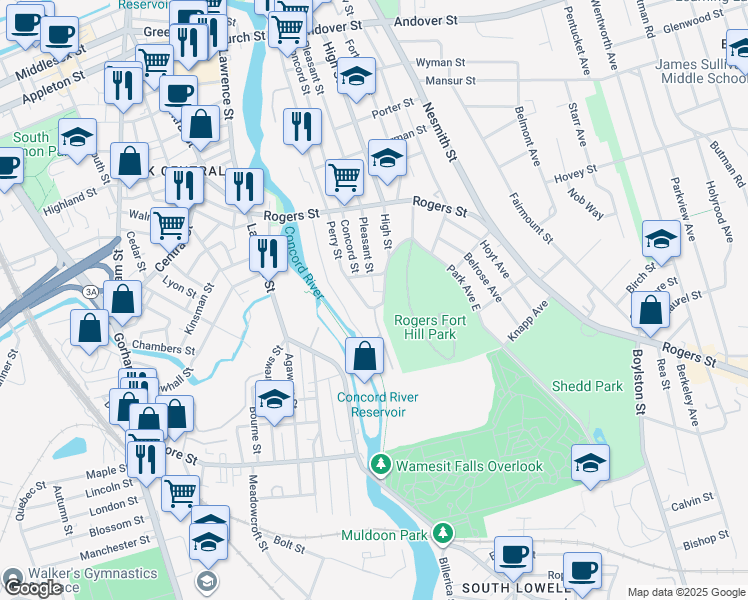 map of restaurants, bars, coffee shops, grocery stores, and more near 83 Park Avenue East in Lowell