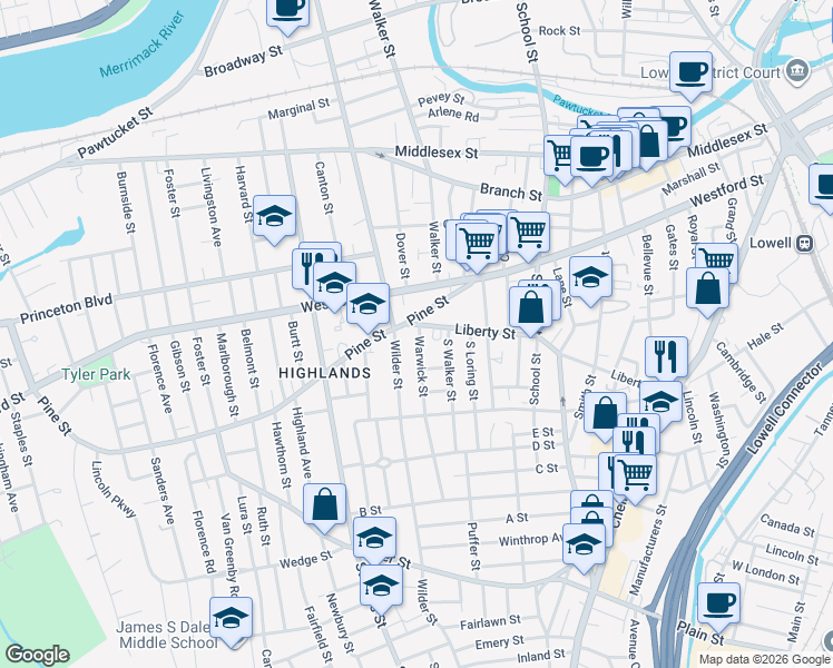 map of restaurants, bars, coffee shops, grocery stores, and more near 24 Warwick Street in Lowell