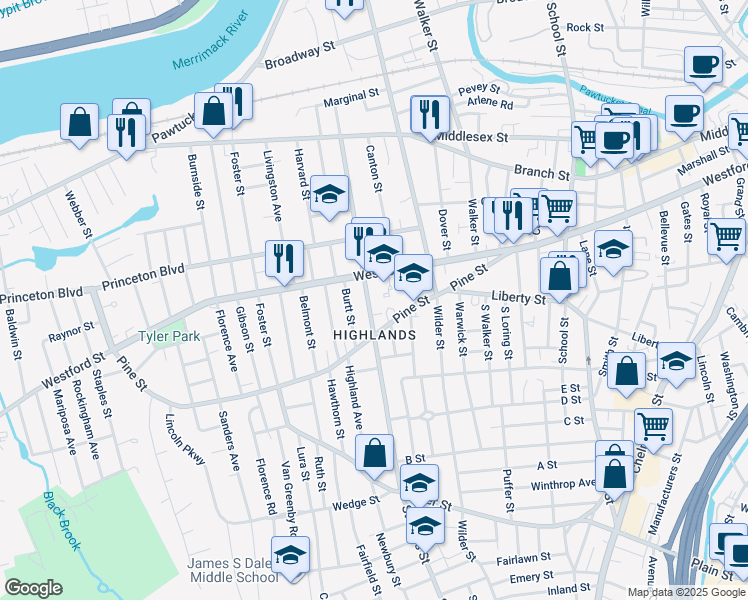map of restaurants, bars, coffee shops, grocery stores, and more near 244 Stevens Street in Lowell