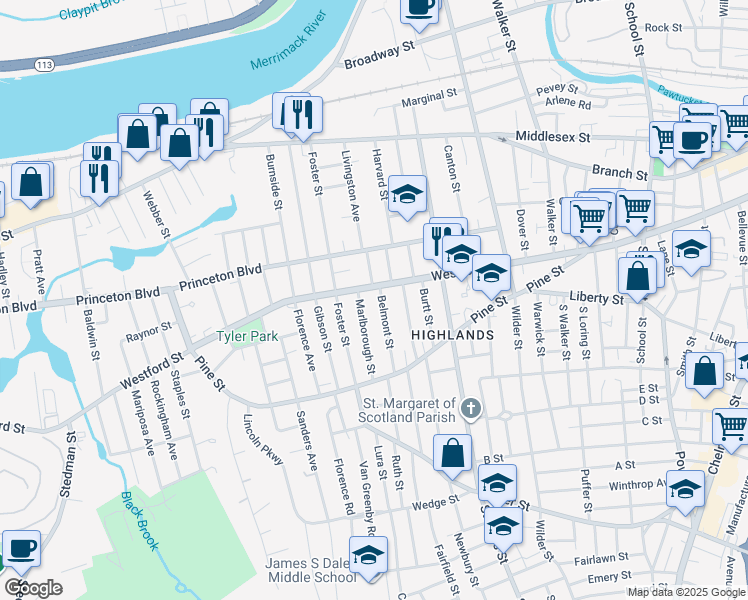 map of restaurants, bars, coffee shops, grocery stores, and more near 24 Marlborough Street in Lowell