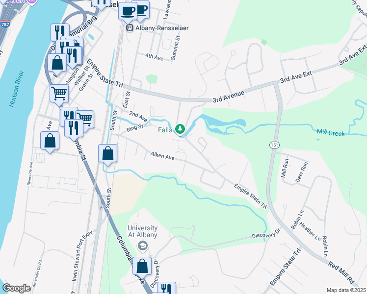map of restaurants, bars, coffee shops, grocery stores, and more near 122 Aiken Avenue in Rensselaer