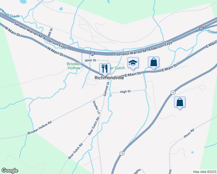 map of restaurants, bars, coffee shops, grocery stores, and more near 111 High Street in Richmondville