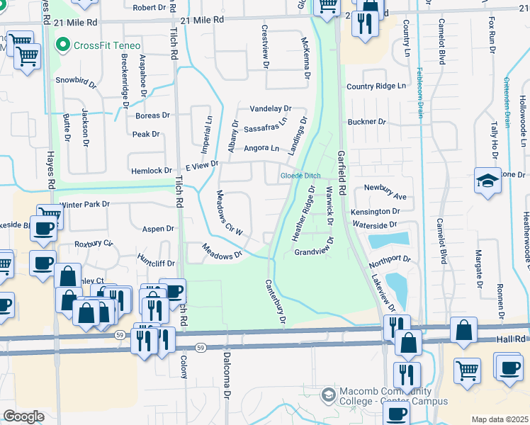 map of restaurants, bars, coffee shops, grocery stores, and more near 45501 Ledgewood Street in Macomb