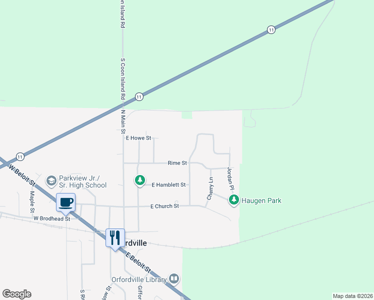 map of restaurants, bars, coffee shops, grocery stores, and more near 401 Comfortcove Street in Orfordville