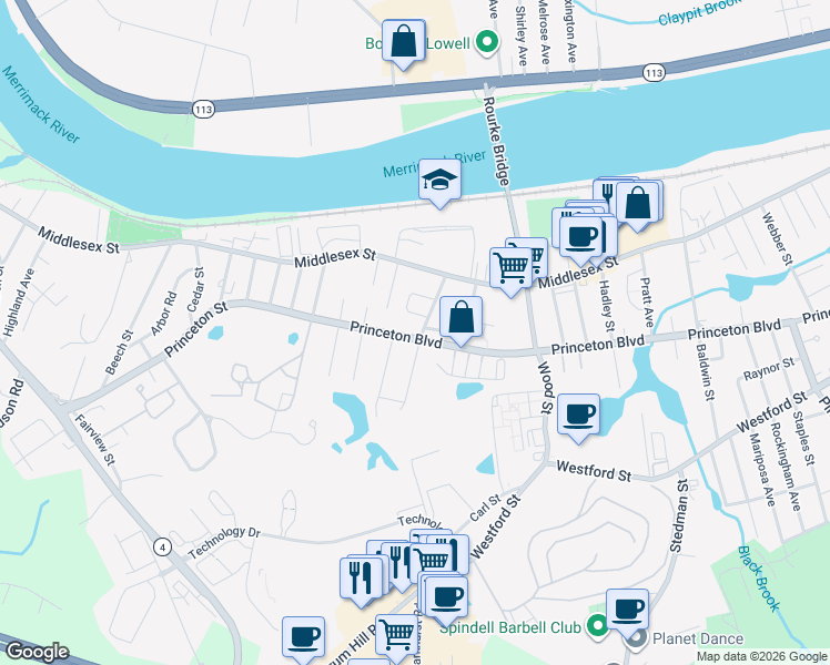 map of restaurants, bars, coffee shops, grocery stores, and more near 781 Princeton Boulevard in Lowell