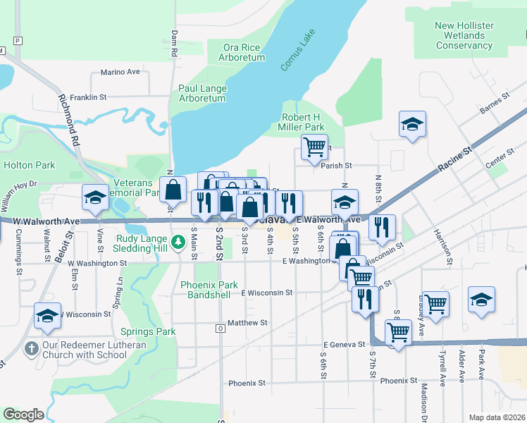 map of restaurants, bars, coffee shops, grocery stores, and more near 335 East Walworth Avenue in Delavan