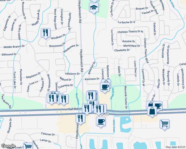map of restaurants, bars, coffee shops, grocery stores, and more near 20805 Kenmare Drive in Macomb