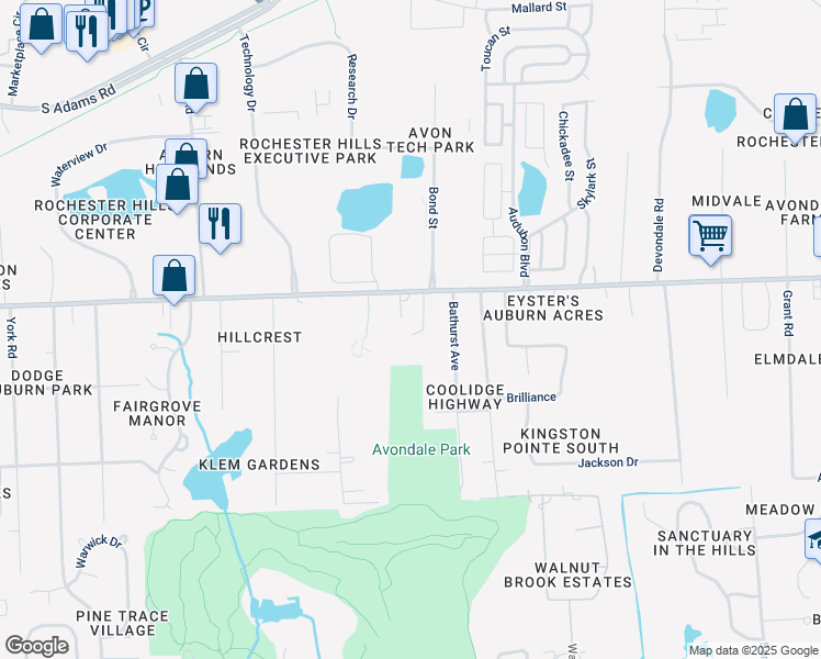 map of restaurants, bars, coffee shops, grocery stores, and more near 3100 Hartung St in Rochester Hills
