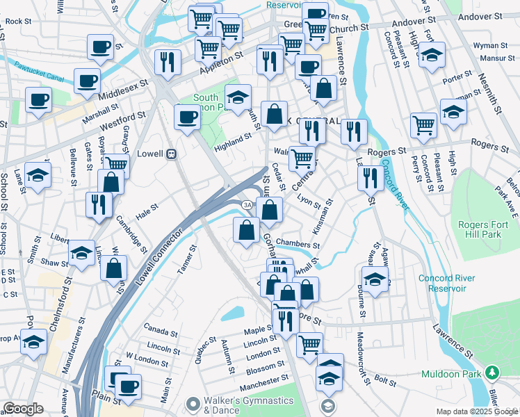 map of restaurants, bars, coffee shops, grocery stores, and more near 102 Congress Street in Lowell