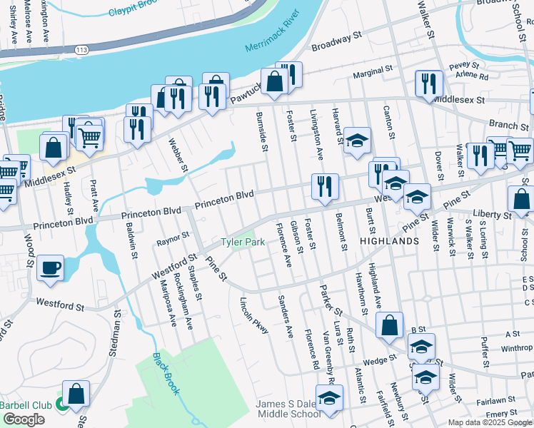 map of restaurants, bars, coffee shops, grocery stores, and more near 15 Florence Avenue in Lowell