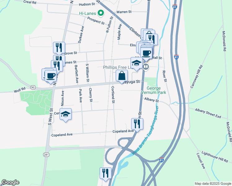 map of restaurants, bars, coffee shops, grocery stores, and more near 35 Cortland Street in Homer