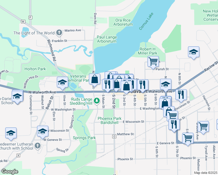 map of restaurants, bars, coffee shops, grocery stores, and more near 202 East Walworth Avenue in Delavan