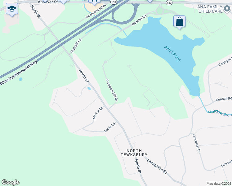 map of restaurants, bars, coffee shops, grocery stores, and more near 9 Prospect Hill Drive in Tewksbury