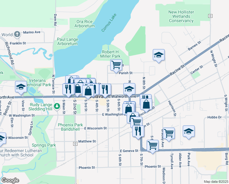 map of restaurants, bars, coffee shops, grocery stores, and more near 511 East Walworth Avenue in Delavan