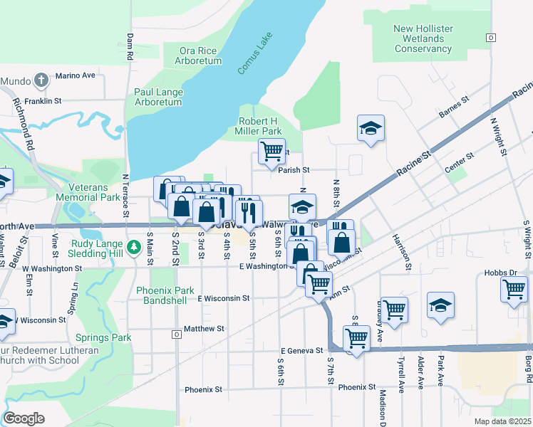 map of restaurants, bars, coffee shops, grocery stores, and more near 511 East Walworth Avenue in Delavan