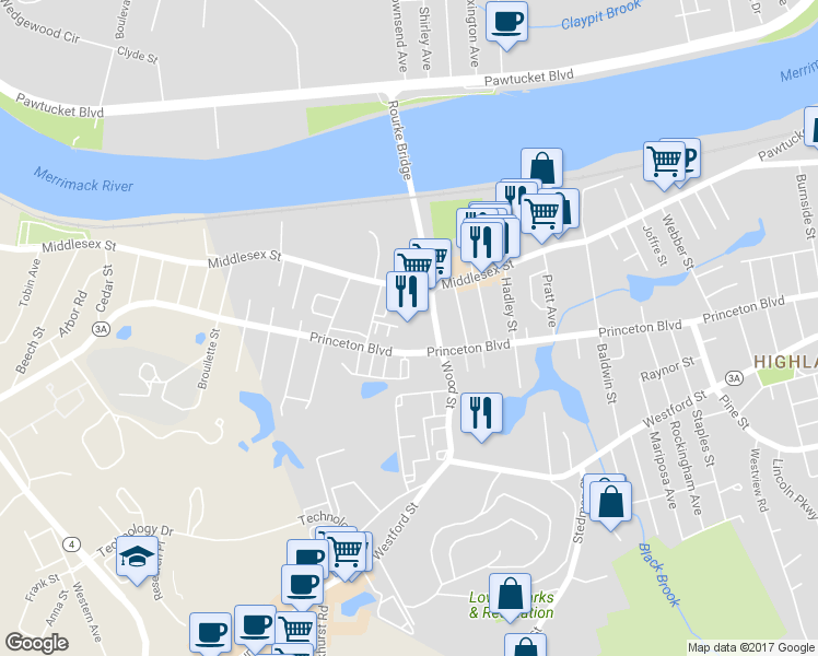 map of restaurants, bars, coffee shops, grocery stores, and more near 21 Wood Street in Lowell