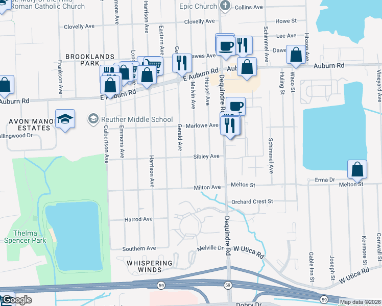 map of restaurants, bars, coffee shops, grocery stores, and more near 3285 Melvin Avenue in Rochester Hills