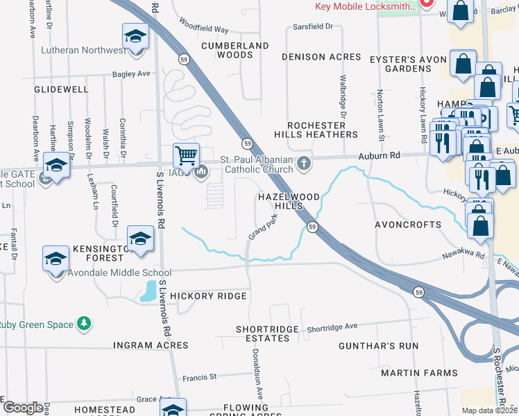 map of restaurants, bars, coffee shops, grocery stores, and more near 3210 Villanova Circle in Rochester Hills