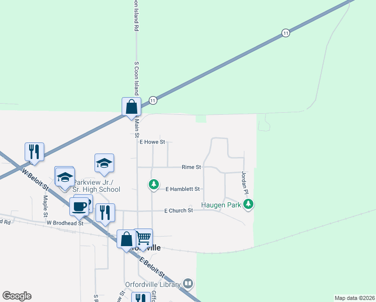 map of restaurants, bars, coffee shops, grocery stores, and more near 401 Comfortcove Street in Orfordville