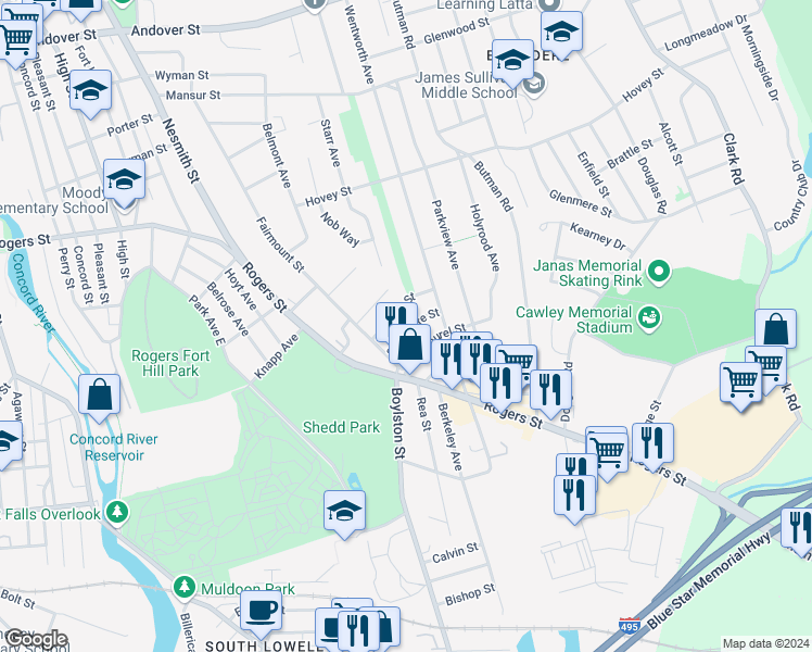 map of restaurants, bars, coffee shops, grocery stores, and more near 18 Laurel Street in Lowell