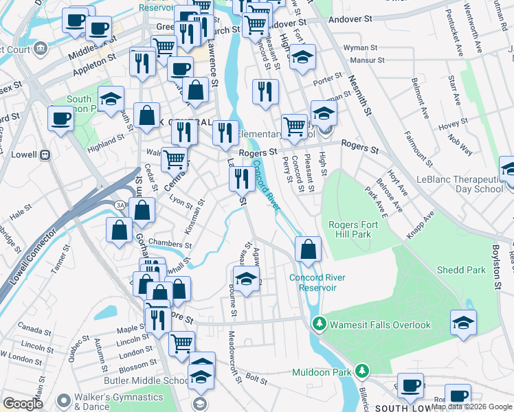 map of restaurants, bars, coffee shops, grocery stores, and more near 674 Lawrence Street in Lowell