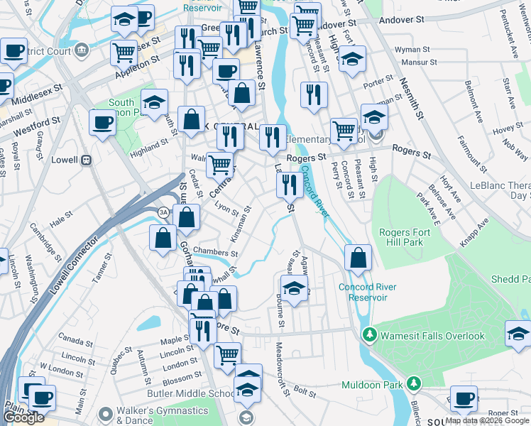 map of restaurants, bars, coffee shops, grocery stores, and more near 34 Newhall Street in Lowell