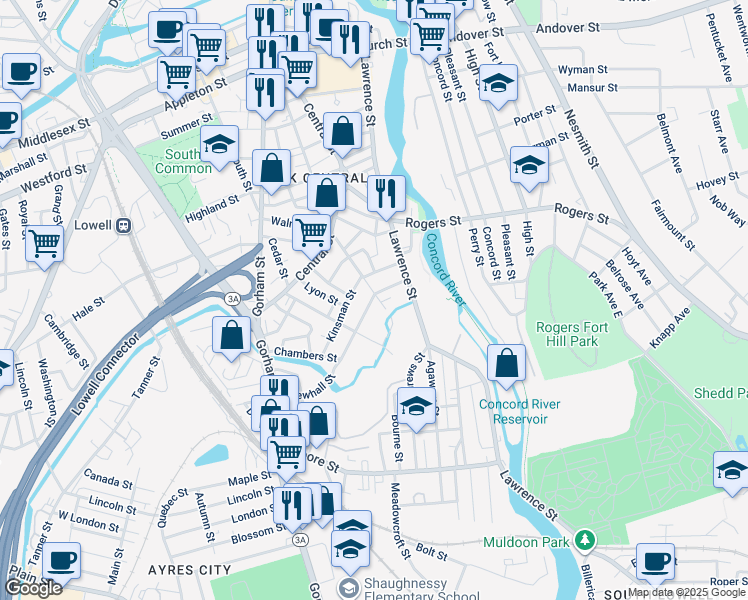 map of restaurants, bars, coffee shops, grocery stores, and more near 34 Newhall Street in Lowell