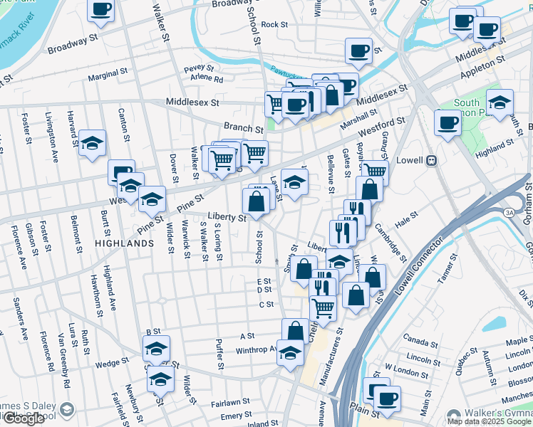 map of restaurants, bars, coffee shops, grocery stores, and more near 146 Liberty Street in Lowell
