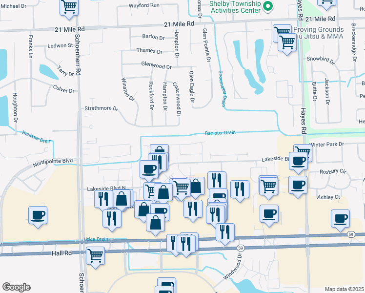 map of restaurants, bars, coffee shops, grocery stores, and more near 45800 Beacon Drive in Shelby Township