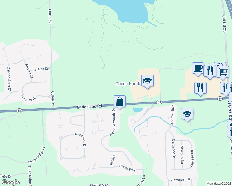 map of restaurants, bars, coffee shops, grocery stores, and more near 9501 East Highland Road in Howell