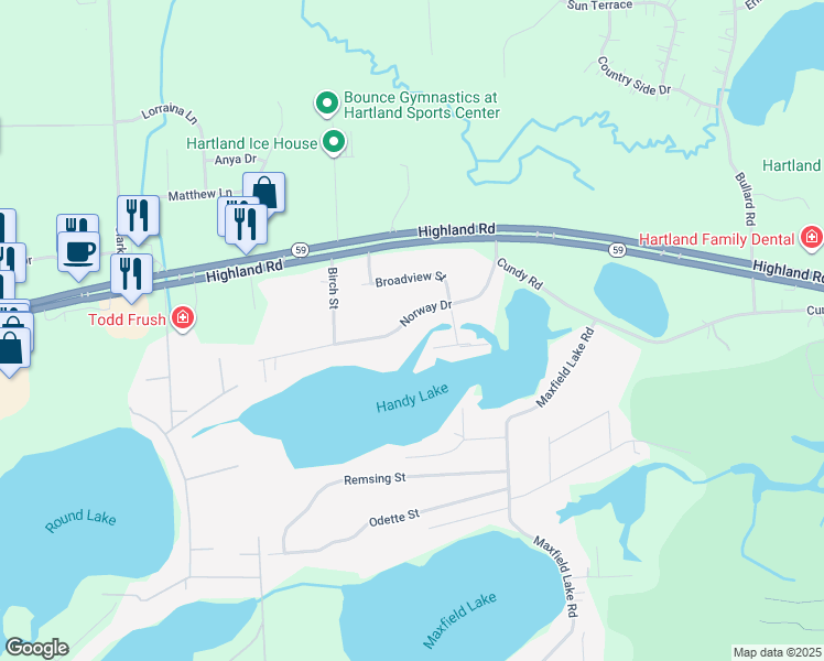 map of restaurants, bars, coffee shops, grocery stores, and more near 11538 Norway Drive in Hartland