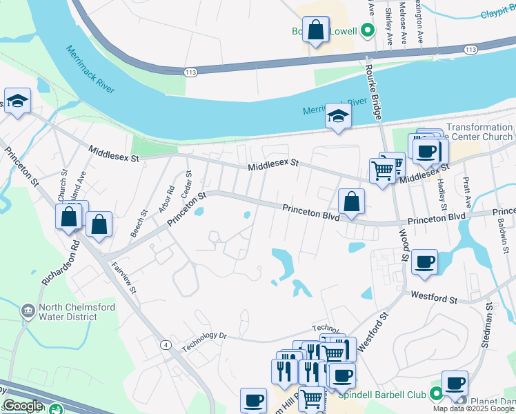 map of restaurants, bars, coffee shops, grocery stores, and more near 107 Wightman Street in Chelmsford