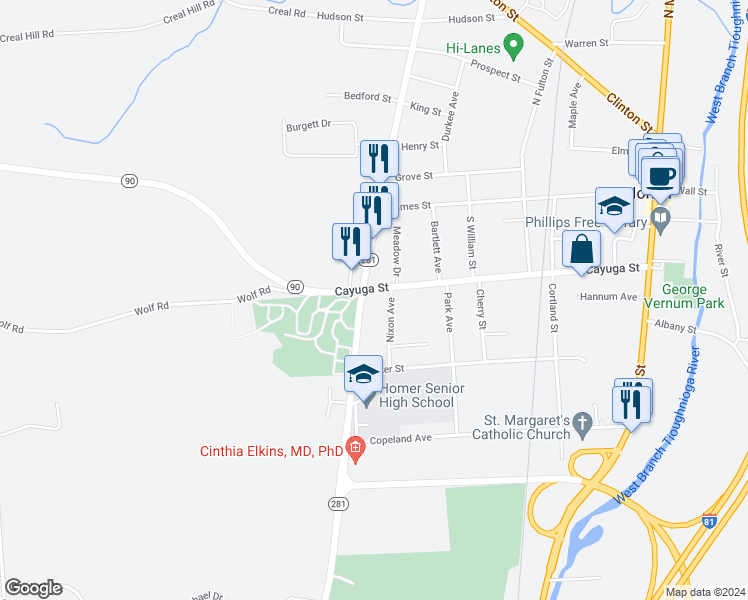 map of restaurants, bars, coffee shops, grocery stores, and more near 99 Cayuga Street in Homer