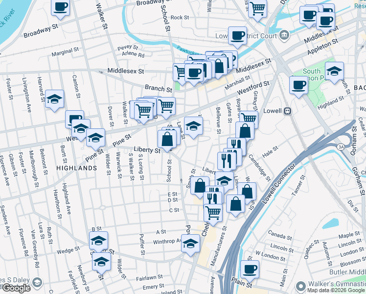 map of restaurants, bars, coffee shops, grocery stores, and more near 111 Liberty Street in Lowell