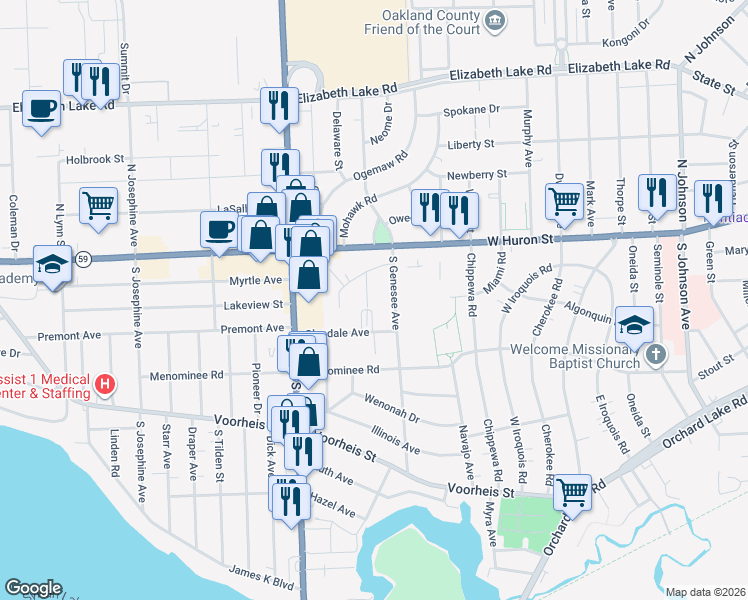 map of restaurants, bars, coffee shops, grocery stores, and more near 30 Rosshire Court in Pontiac