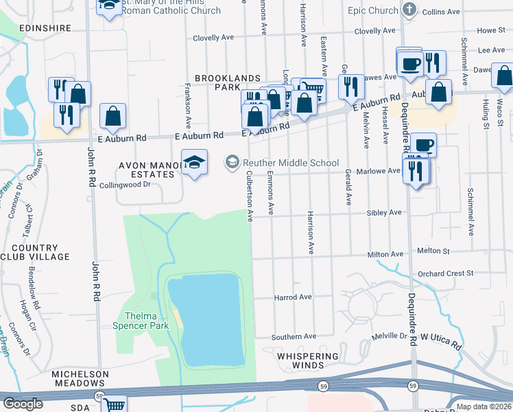 map of restaurants, bars, coffee shops, grocery stores, and more near 3215 Culbertson Avenue in Rochester Hills