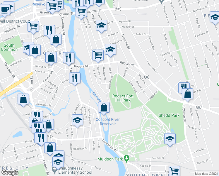 map of restaurants, bars, coffee shops, grocery stores, and more near 83 Park Avenue East in Lowell
